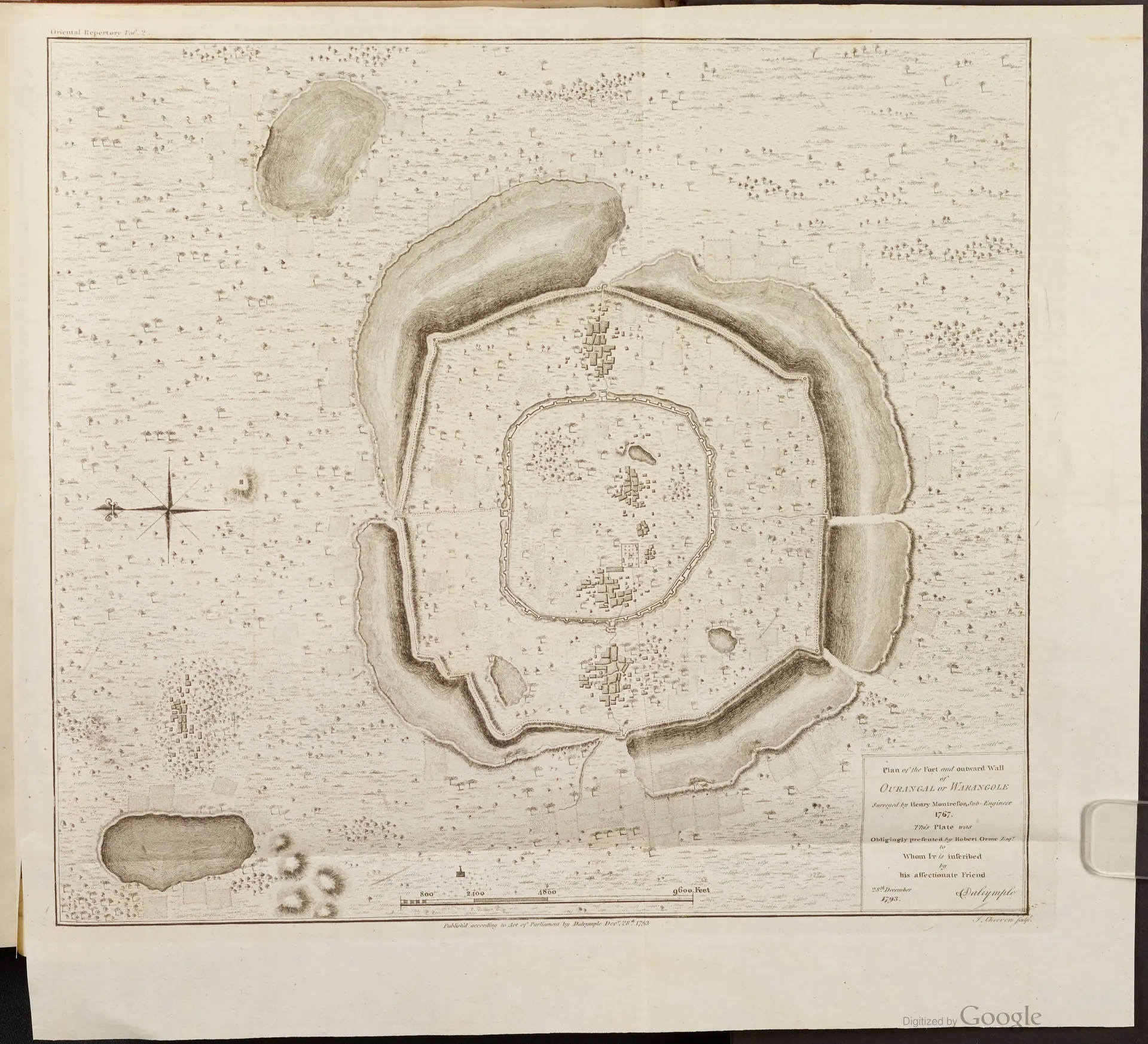 1793 engraved plan of Warangal Fort showing its circular inner stone wall and outer earthen rampart.