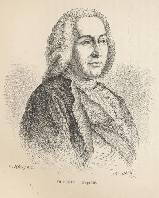 Engraved head-and-shoulders portrait of a man in a long curled wig, a lace cravat and an embroidered coat, captioned "Dupleix. - Page 168".