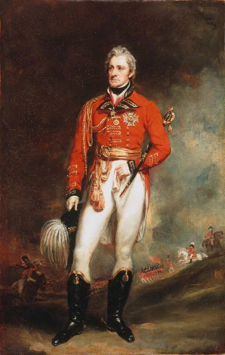 Full-length oil portrait of a grey-haired officer in a red coat with gold epaulettes, a star and a sash, white breeches and tall black boots, holding a plumed hat, with soldiers and smoke in the background.