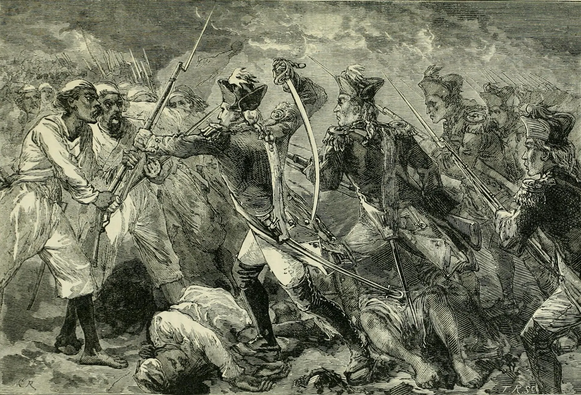 Wood engraving of a night assault on a rampart, an officer in a tricorne hat raising his sword at the head of soldiers with bayonets while defenders in turbans fight back and wounded men lie at their feet.
