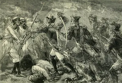 Wood engraving of a night assault on a rampart, an officer in a tricorne hat raising his sword at the head of soldiers with bayonets while defenders in turbans fight back and wounded men lie at their feet.