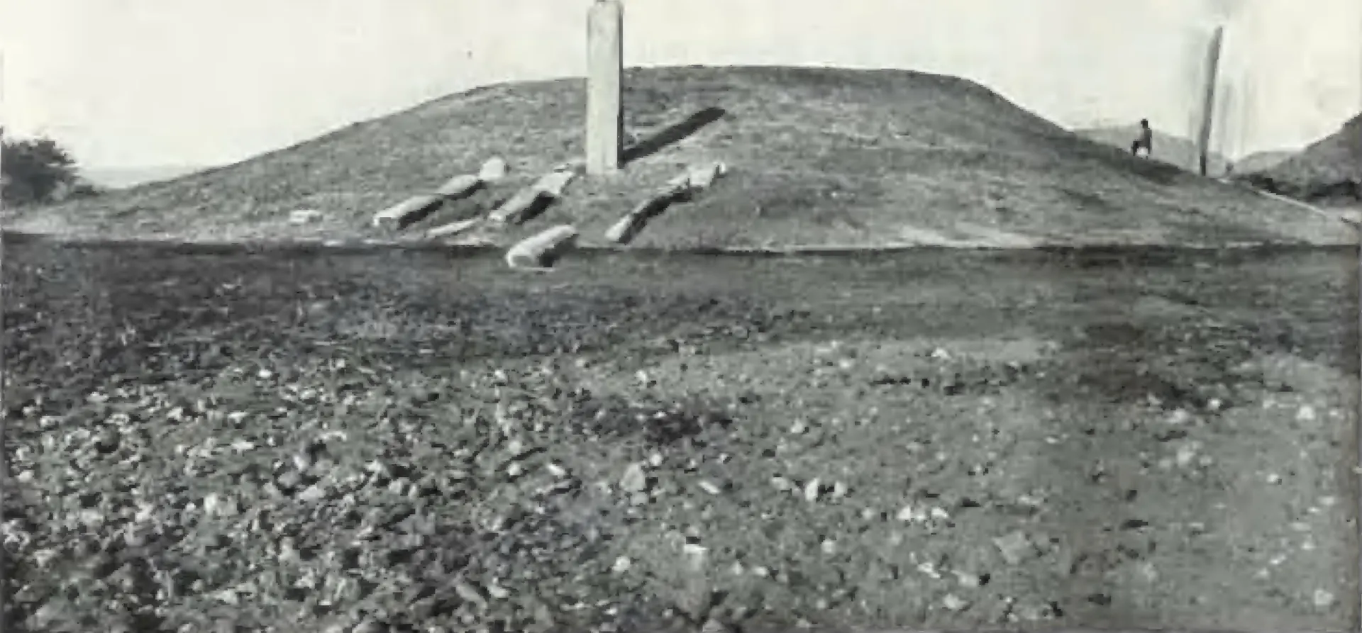 A low, grassy stupa mound with an upright stone pillar and several fallen pillars lying on its slope, on open stony ground.