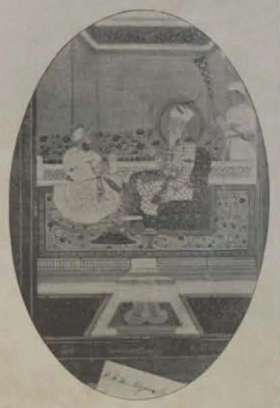 Oval photograph of a painted portrait of an earlier Nizam, shown in a court scene with attendants.