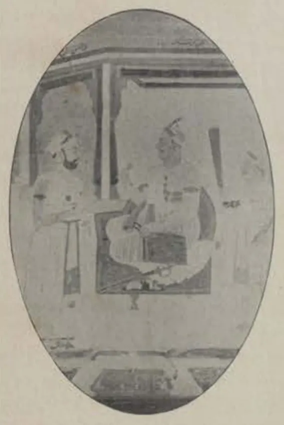 Oval photograph of a painted court scene with two standing figures, part of a set of portraits of earlier Nizams.
