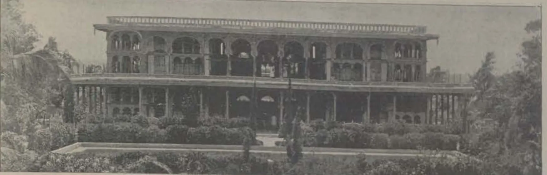 The Salar Jung baradari, a two-storeyed pavilion with verandahs among trees.