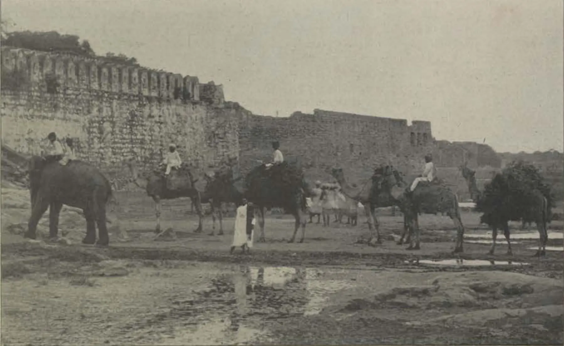 The city wall of Hyderabad seen from the river bed, with elephants and camels in front.