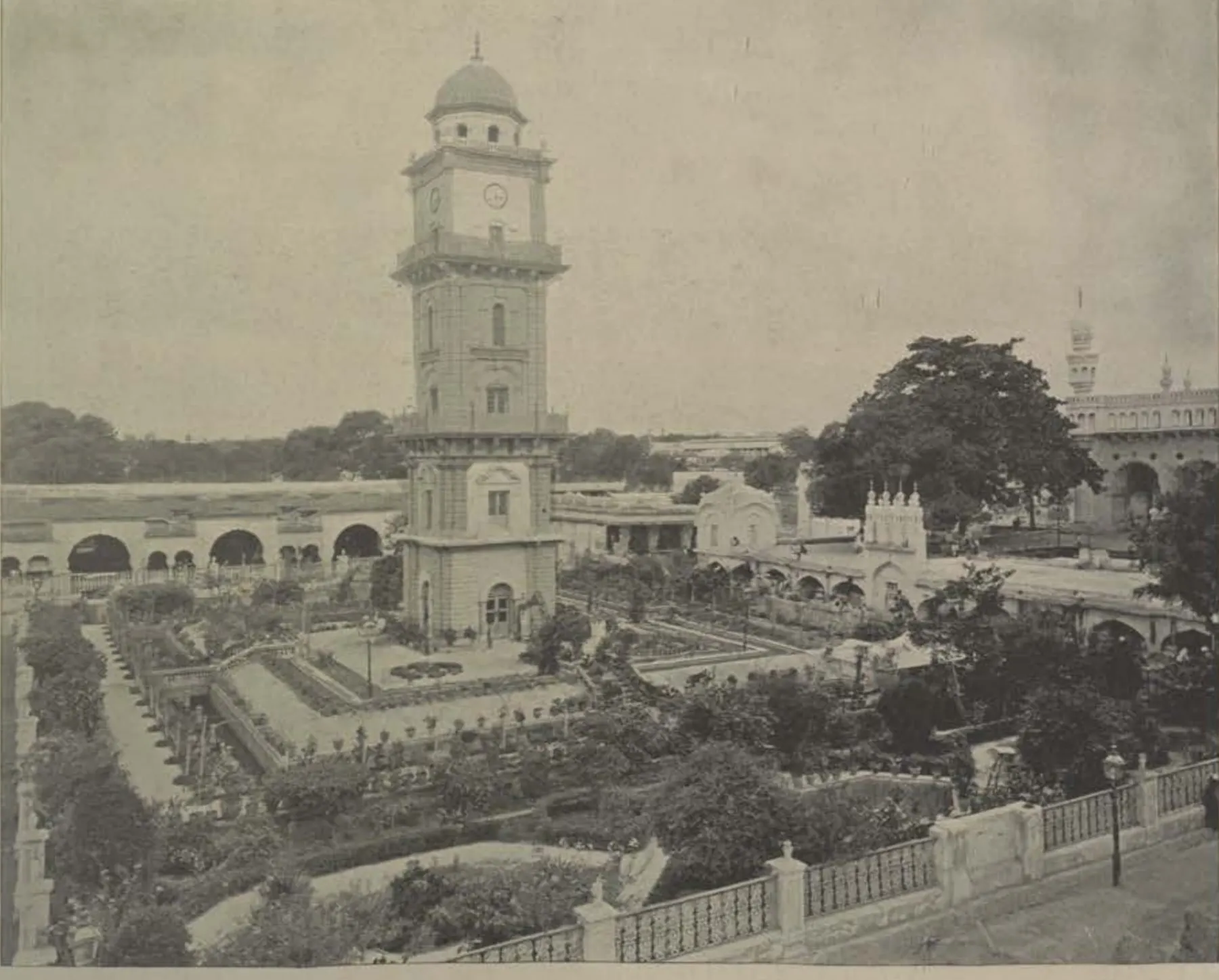 The Chauk, a square with a clock tower and laid-out gardens, buildings around it.