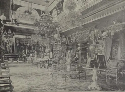 The reception room of the Bashir Bagh palace, crowded with furniture under chandeliers.