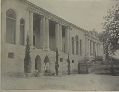A long colonnaded building with steps, the residence of Nawab Akbar Jung Bahadur.