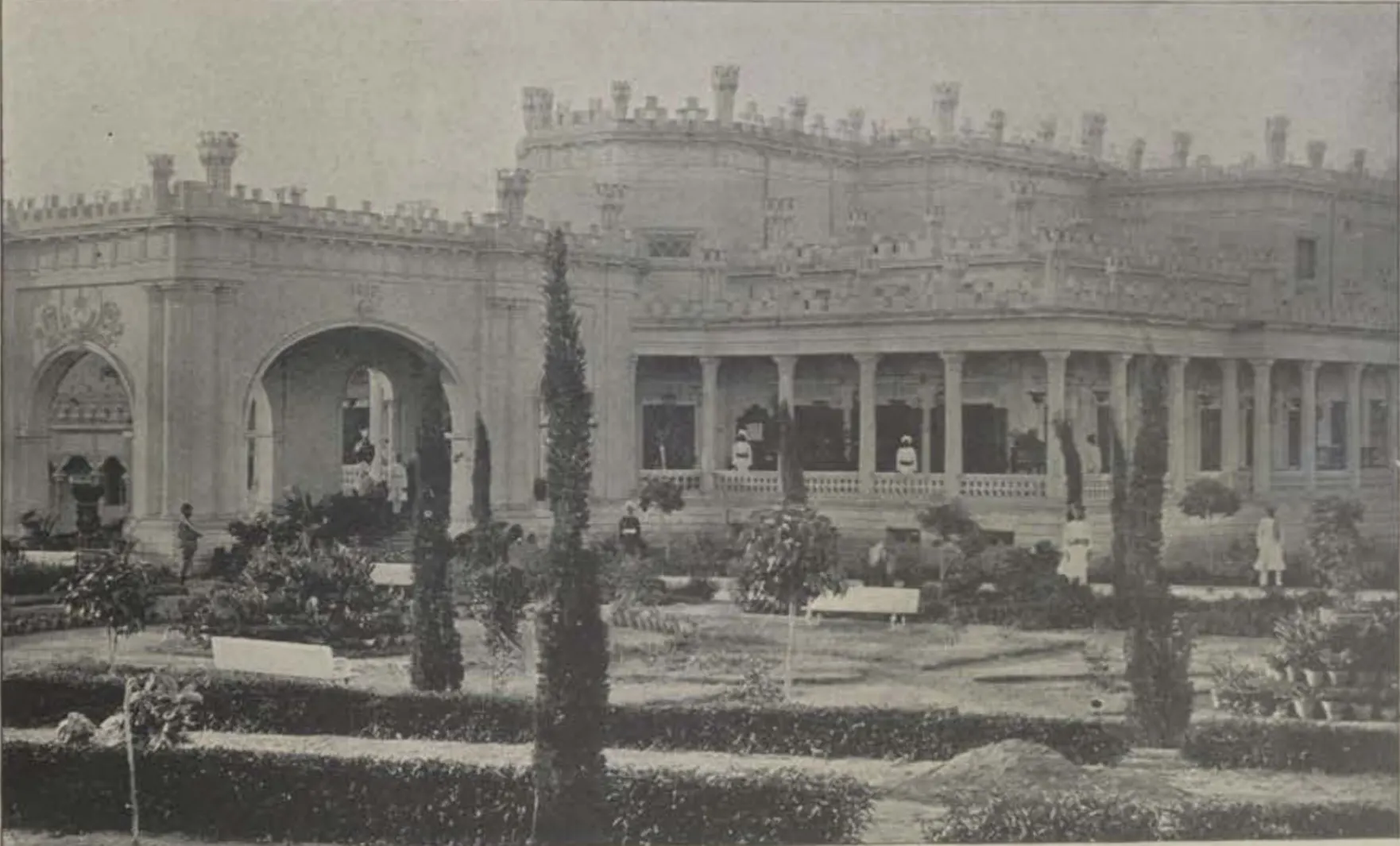 Sir Asman Jah's palace at Sarurnagar, a castellated palace seen across a garden.