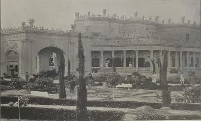 Sir Asman Jah's palace at Sarurnagar, a castellated palace seen across a garden.