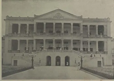 The Falaknuma palace, a two-storeyed colonnaded front with a double staircase.