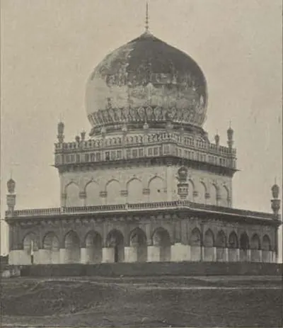 The tomb of Abdullah Qutb Shah, a large dome over an arcaded square tomb.