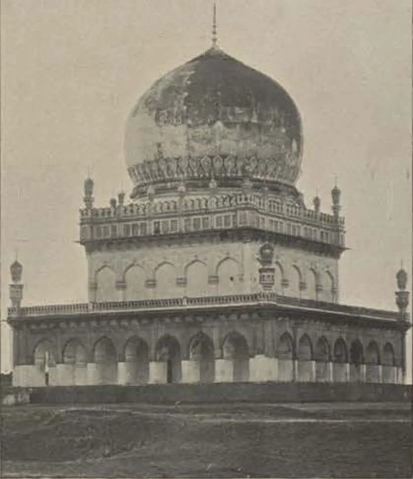 The tomb of Abdullah Qutb Shah, a large dome over an arcaded square tomb.