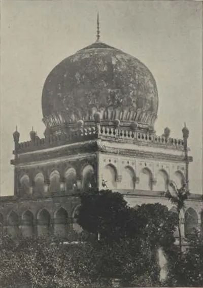 The tomb of Hayat Bakhsh Begum, a large dome over an arcaded tomb, with trees in front.