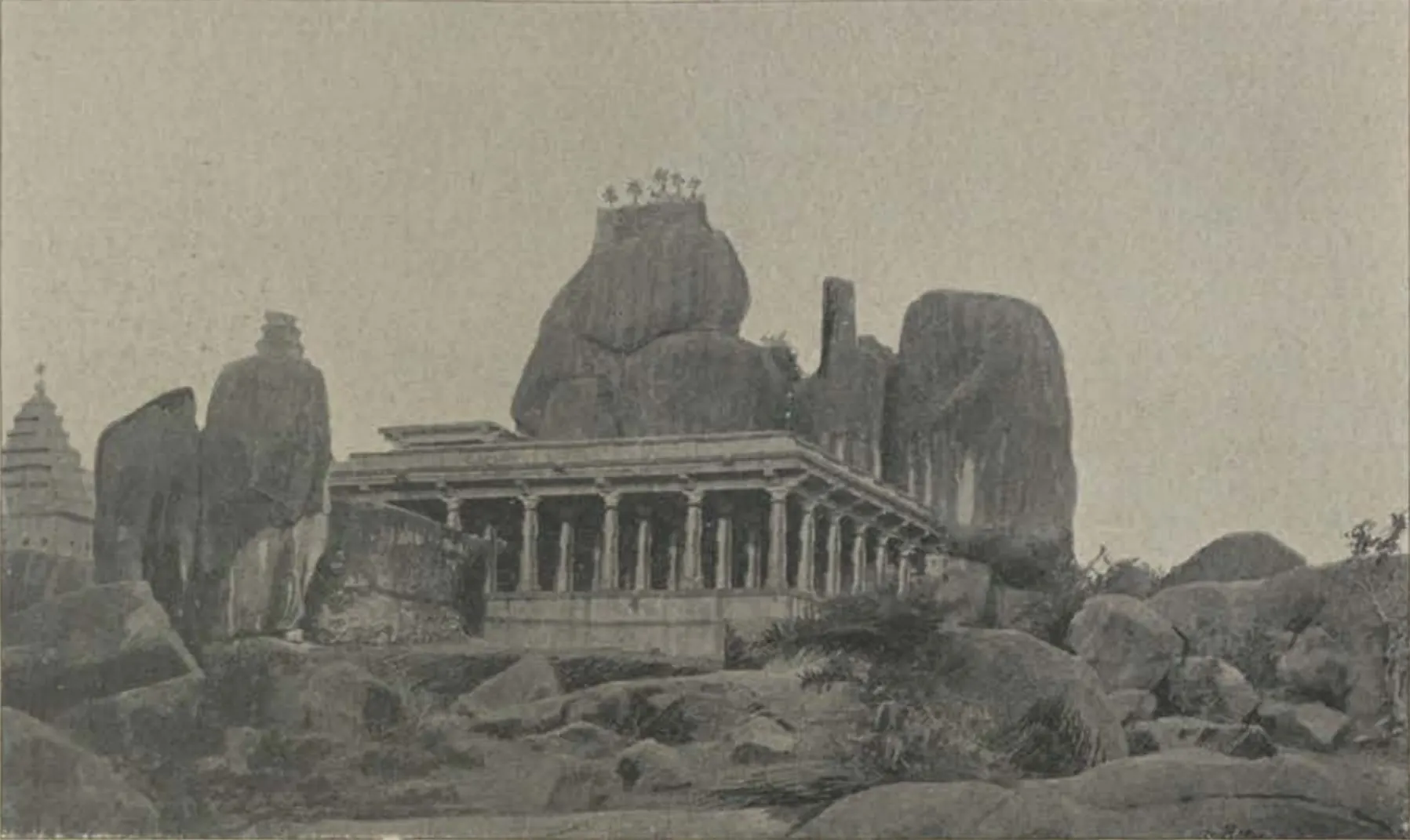 A pillared temple hall among huge boulders at Medak.