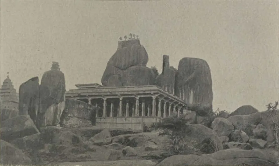 A pillared temple hall among huge boulders at Medak.