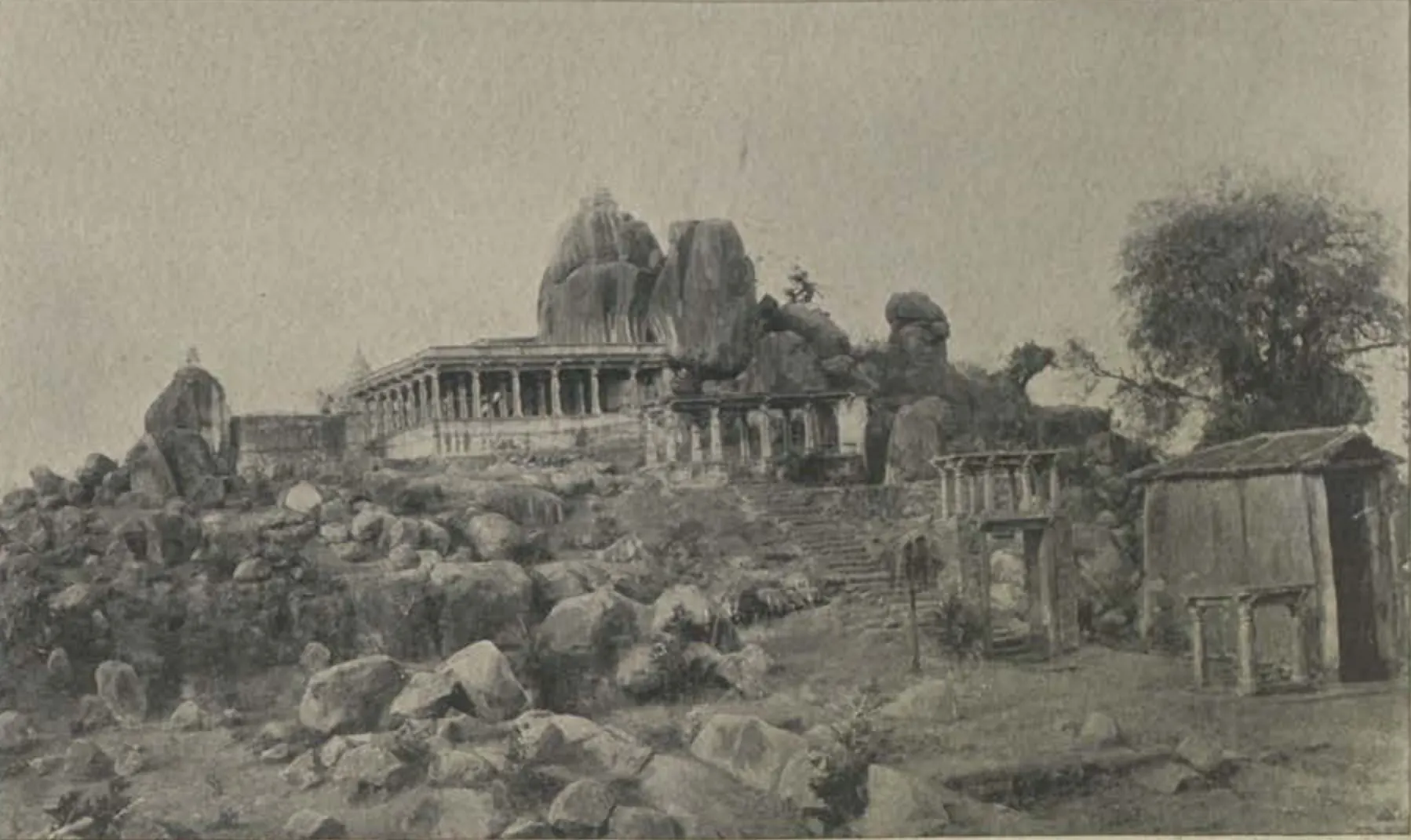 Temple buildings on a rocky hill at Medak.