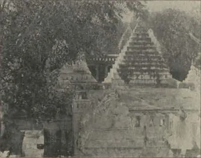 Temple towers with stepped pyramidal roofs behind a wall, among trees.