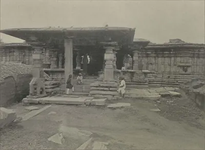 The Thousand Pillar Temple at Hanamkonda, a pillared hall of dark stone with people on its steps.