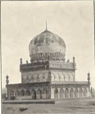 The tomb of Abdullah Qutb Shah, a bulbous dome on a square arcaded tomb on a high platform.