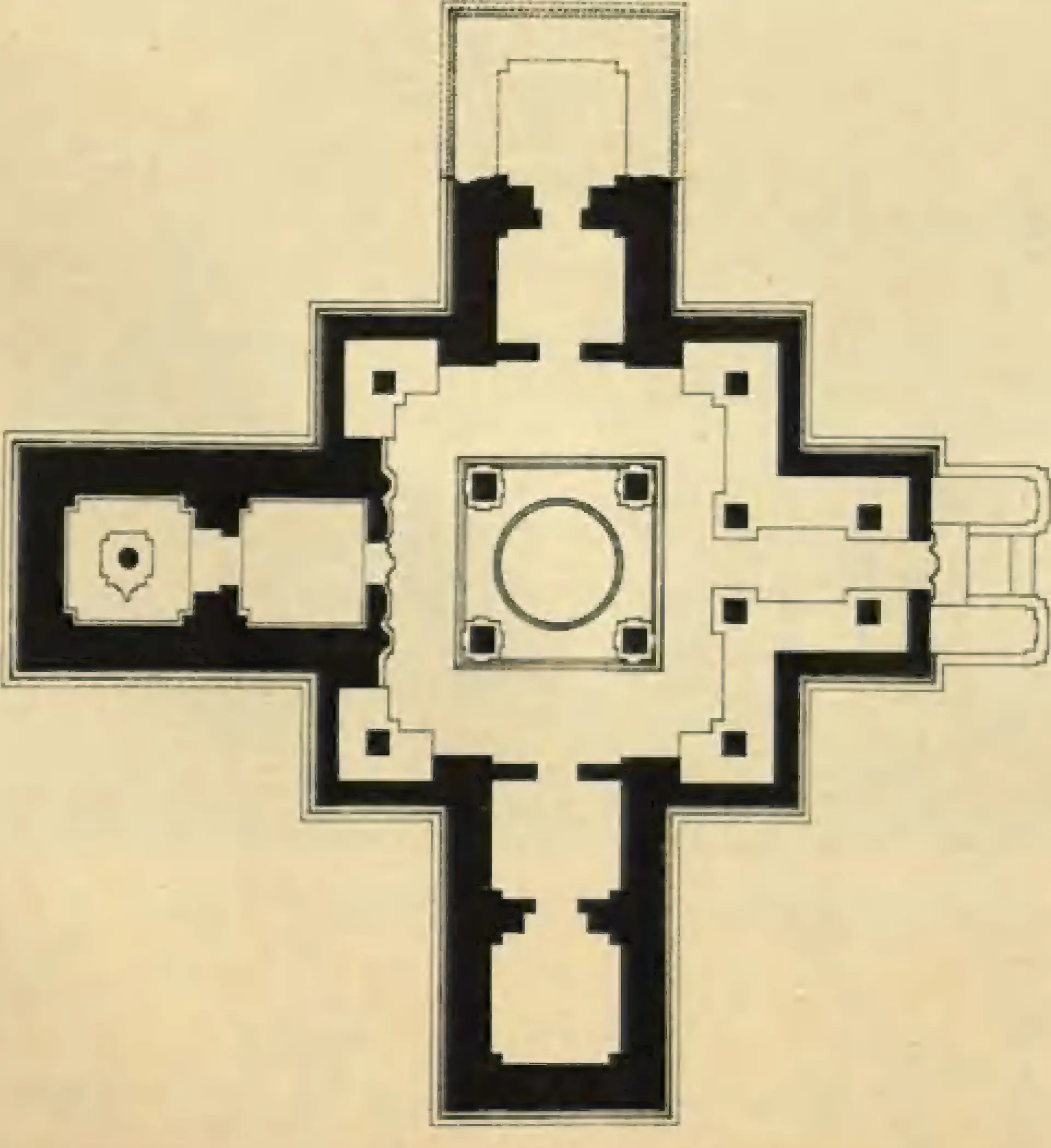Ground plan of the southern temple at Nagulapadu, a cross-shaped plan with a shrine and a pillared hall.