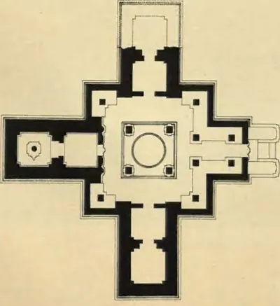 Ground plan of the southern temple at Nagulapadu, a cross-shaped plan with a shrine and a pillared hall.