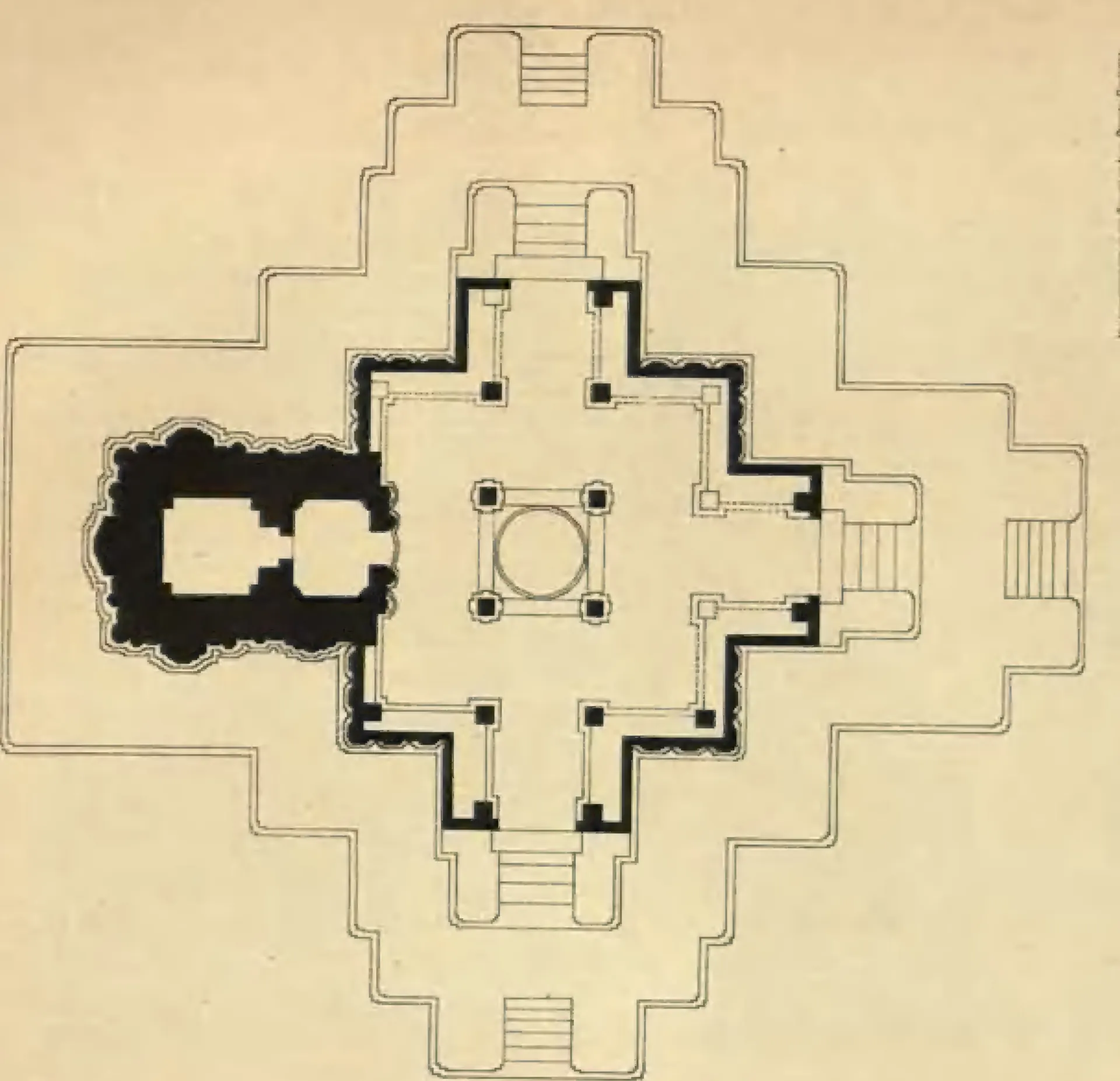 Ground plan of the northern temple at Nagulapadu, with a shrine and pillared hall inside a stepped outline of the platform.