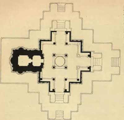 Ground plan of the northern temple at Nagulapadu, with a shrine and pillared hall inside a stepped outline of the platform.