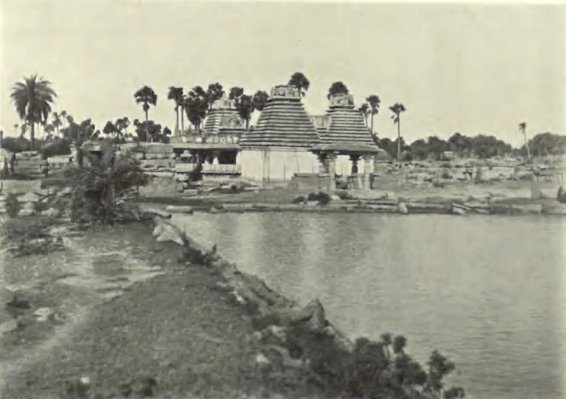 The Someswara temple at Panagal seen across a tank, with palm trees behind.