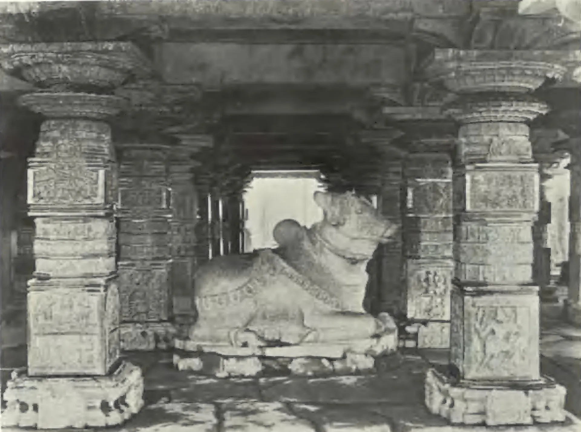 A large Nandi sitting between carved pillars in the Panchesvara temple at Panagal.