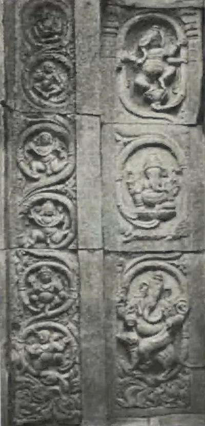 Two carved stone panels with small figures in roundels of scrollwork, from the Panchesvara temple at Panagal.