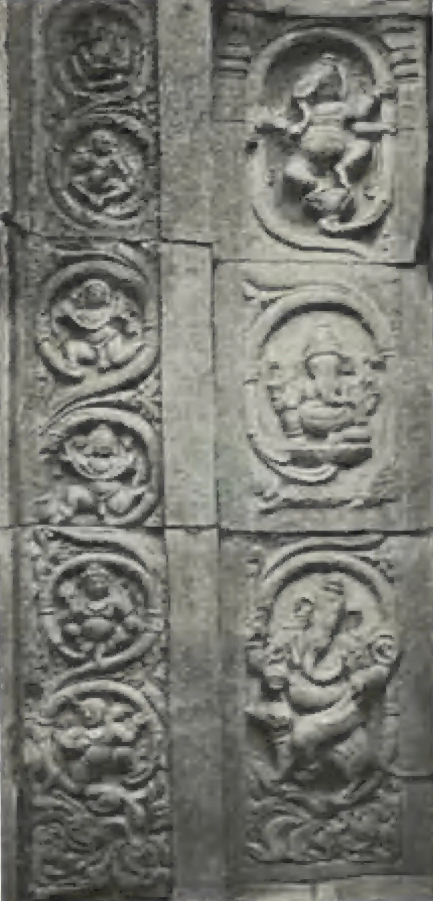 Two carved stone panels with small figures in roundels of scrollwork, from the Panchesvara temple at Panagal.