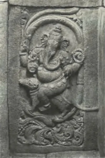 A carved panel of a dancing Ganesa standing on a lion-like animal, from the Panchesvara temple at Panagal.