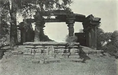 The ruined porch of the Gautamesvara temple at Manthani, pillars and beams on a carved plinth.