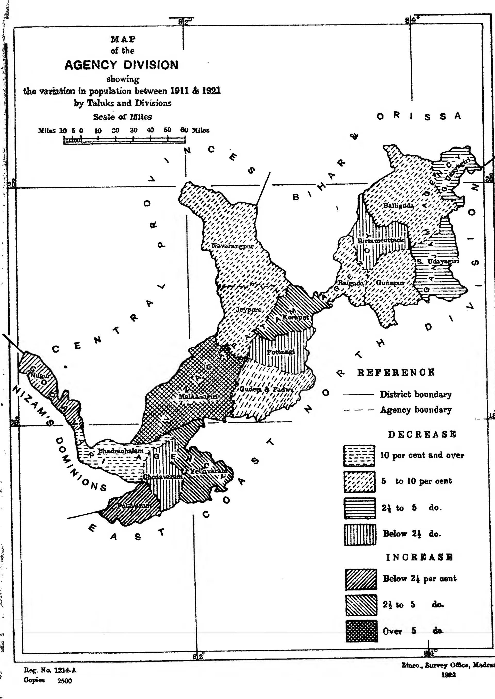 Printed map of the long belt of hill country from Ganjam to Bhadrachalam between the Central Provinces and the coast, its taluks shaded in patterns for population change, with a key.