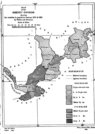 Printed map of the long belt of hill country from Ganjam to Bhadrachalam between the Central Provinces and the coast, its taluks shaded in patterns for population change, with a key.