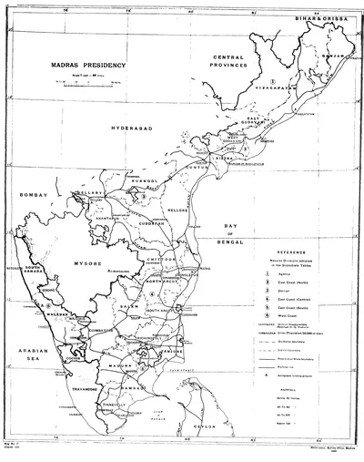 Printed black-and-white map of the Madras Presidency from Ganjam to Cape Comorin, with district names, boundaries, railways and numbered natural divisions, and the Nizam's Hyderabad, Mysore and the Central Provinces outside it.
