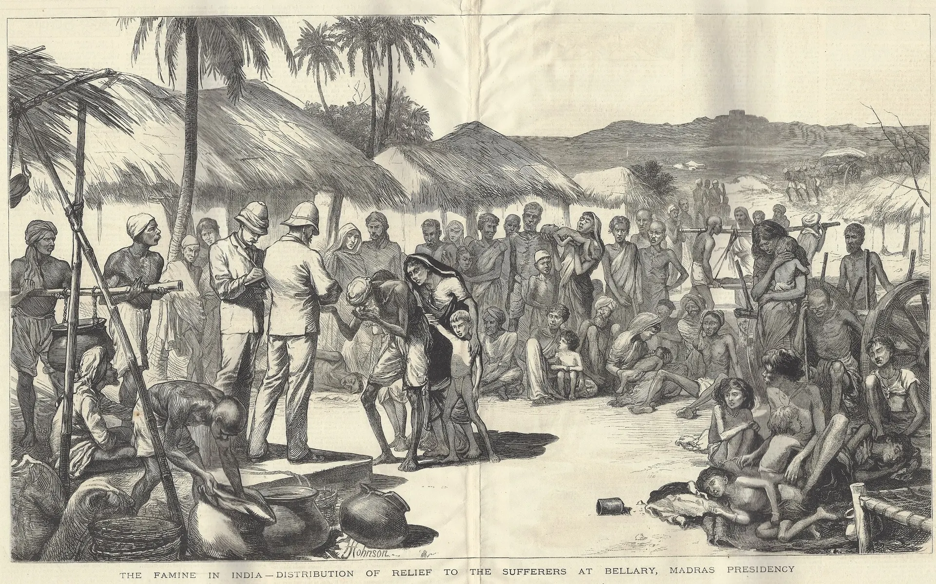 Wood engraving of a famine relief camp under palm trees and thatched huts, two Europeans in sun helmets supervising the distribution of food to a crowd of emaciated men, women and children, some lying on the ground.