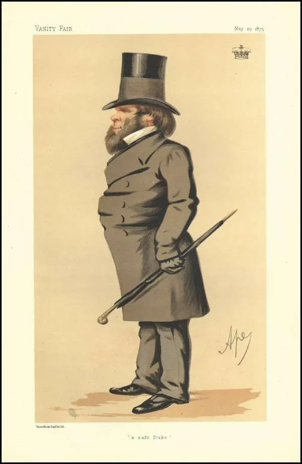 Coloured caricature of a stout bearded man in a top hat and long grey frock coat, standing in profile with an umbrella held behind his back.