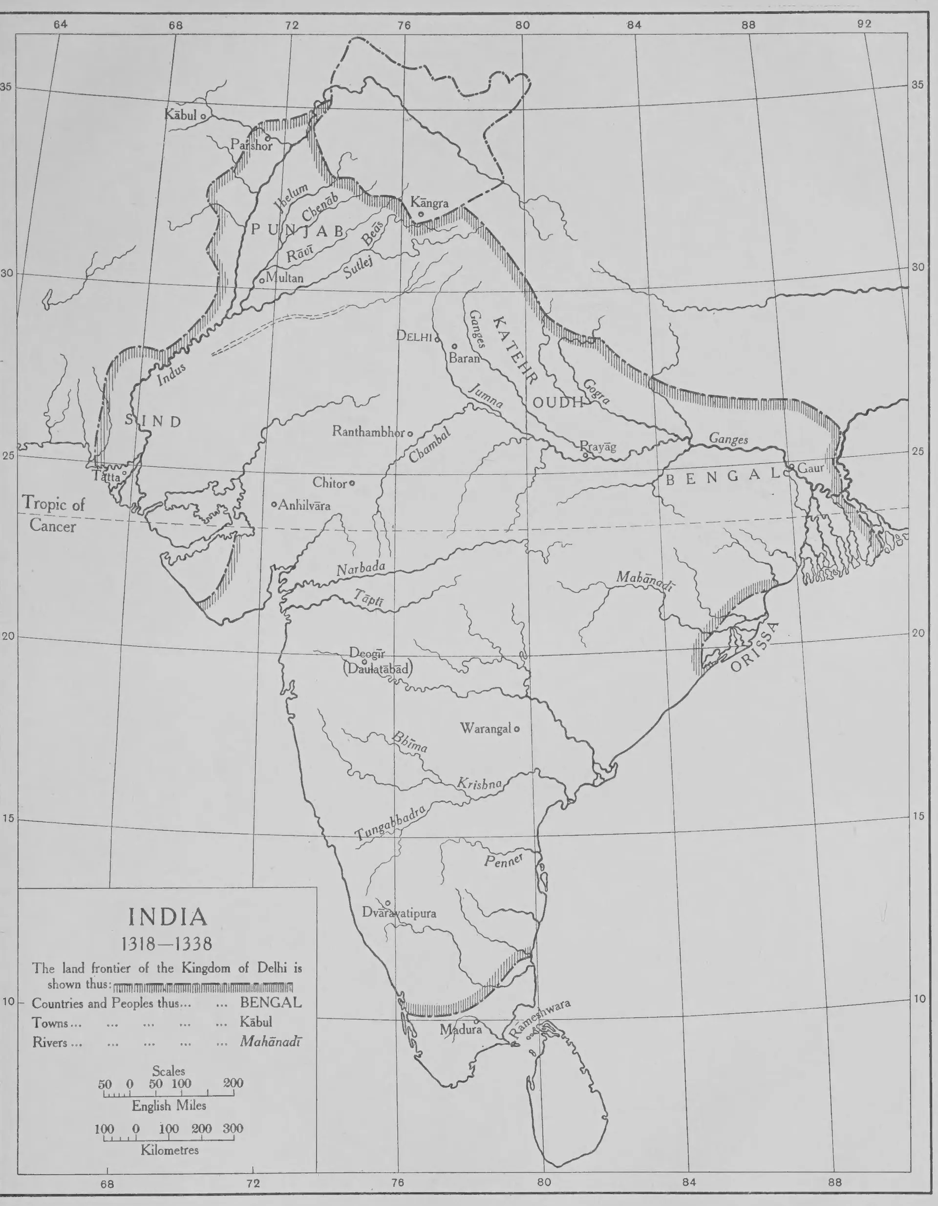 Black-and-white outline map of India between latitudes 8 and 35 degrees north, with a hatched line marking the frontier of the Delhi kingdom; inside it are Delhi, Deogir (Daulatabad), Warangal, Dvaravatipura and Madura, with the Narbada, Tapti, Bhima, Krishna and Tungabhadra rivers.