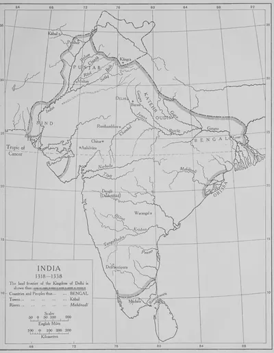 Black-and-white outline map of India between latitudes 8 and 35 degrees north, with a hatched line marking the frontier of the Delhi kingdom; inside it are Delhi, Deogir (Daulatabad), Warangal, Dvaravatipura and Madura, with the Narbada, Tapti, Bhima, Krishna and Tungabhadra rivers.