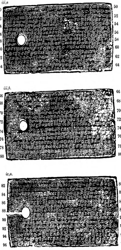 Ink impressions of three inscribed copper plates, the letters of the Telugu-Kannada script showing pale on a dark ground, each plate with a round ring hole near the left edge.