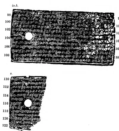 Ink impressions of two inscribed copper plates, the letters of the Telugu-Kannada script showing pale on a dark ground, each plate with a round ring hole near the left edge.