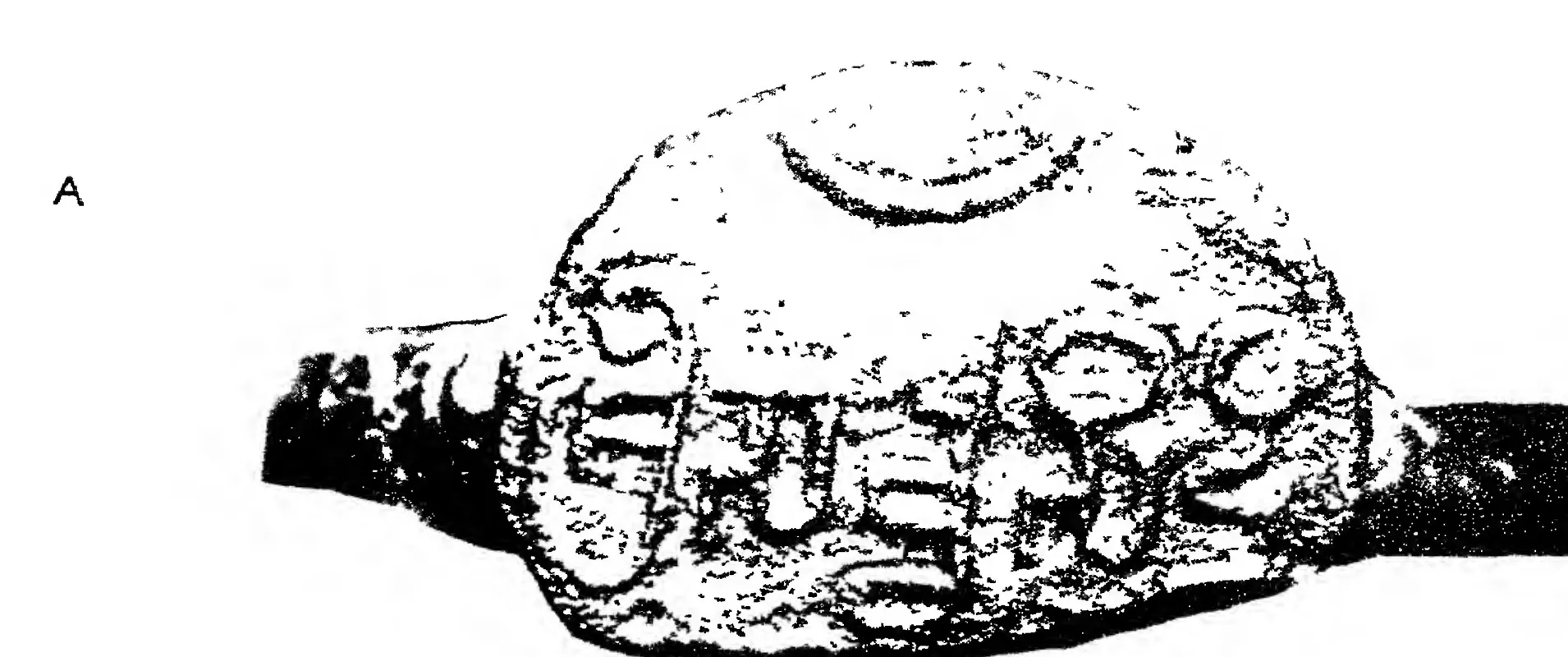 Photograph of a copper-plate seal on its ring, the round face with raised letters and emblems, shown in harsh black and white.