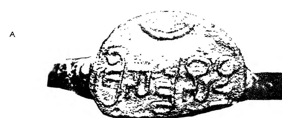 Photograph of a copper-plate seal on its ring, the round face with raised letters and emblems, shown in harsh black and white.