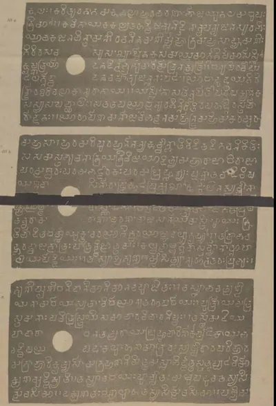 Ink impressions of three inscribed copper plates stacked one above another, pale letters on grey, each with a ring hole; a black strip from the scan crosses the middle plate and hides one line.