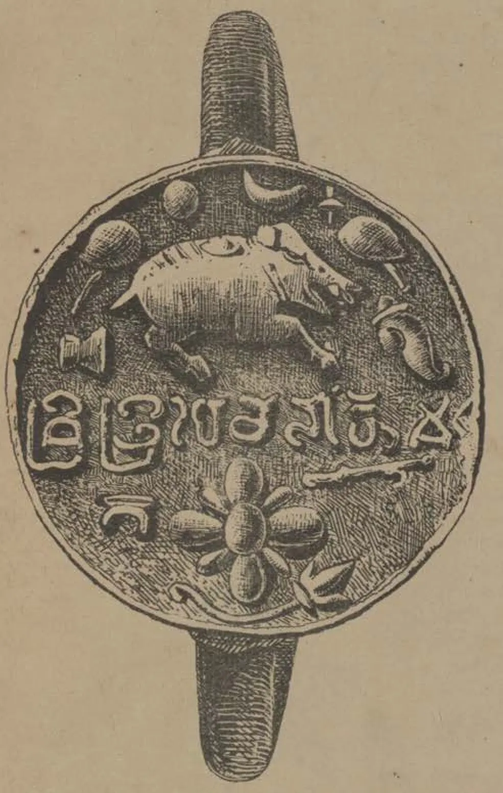 Engraving of a round seal on a heavy ring: a boar running to the right among a crescent, lamps, a fly-whisk and other emblems, a line of large letters across the middle and a lotus flower below.