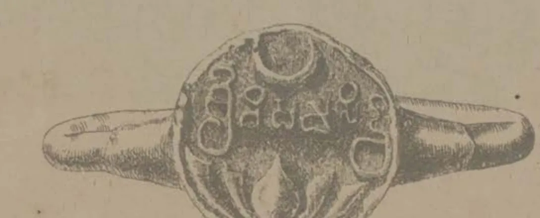 Drawing of a ring seen from the side with a round seal at its joint, bearing a crescent at the top, a line of letters and a lotus below.