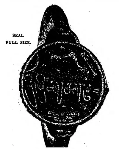Drawing of a round seal on the cut ring of a copper-plate set, with a line of letters across the face; the 1-bit scan turns the shading into black patches.